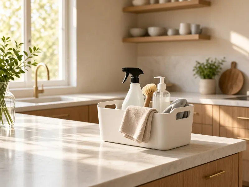 A caddy of cleaning supplies on a bright, freshly cleaned kitchen counter.