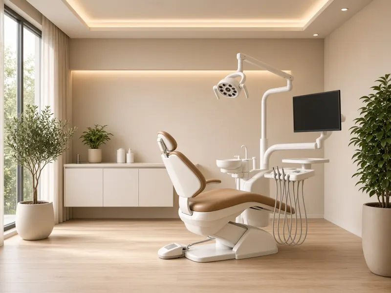 A calm, modern dental treatment room in warm light.