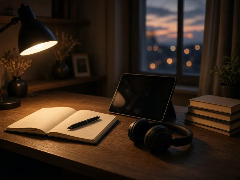 A study desk at night with a notebook, tablet, headphones and books.