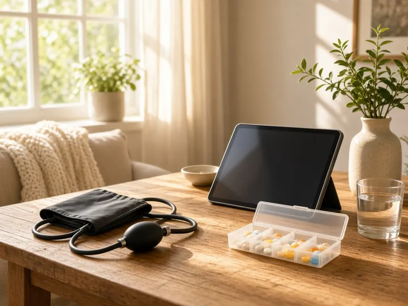 A home health kit on a sunlit table: blood pressure cuff, tablet and pill organizer.