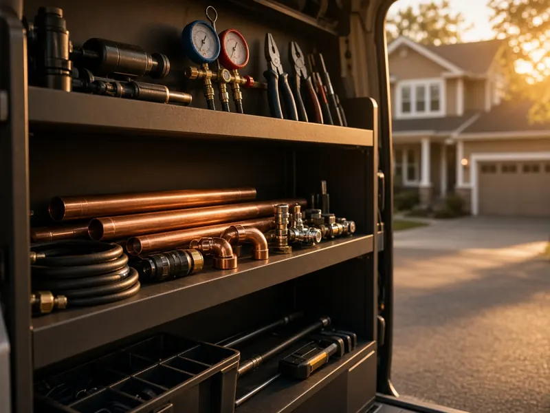 A service van shelf of copper pipe, gauges and tools outside a house at sunset.