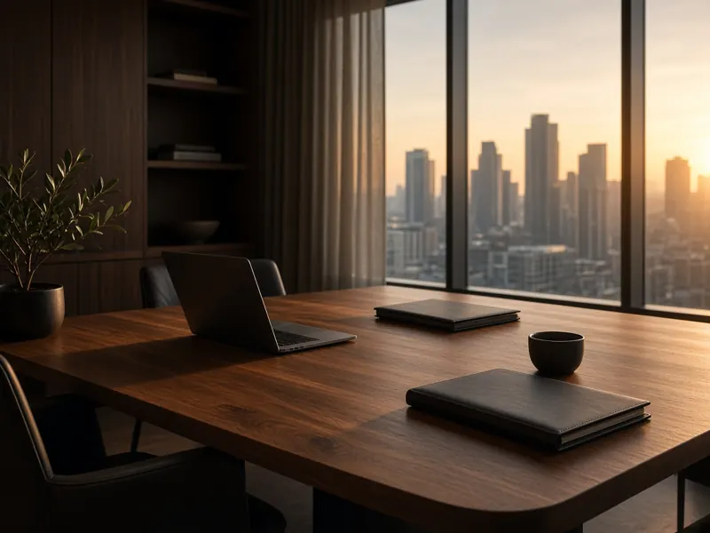 A walnut meeting table with a laptop and leather folders above a city at golden hour.