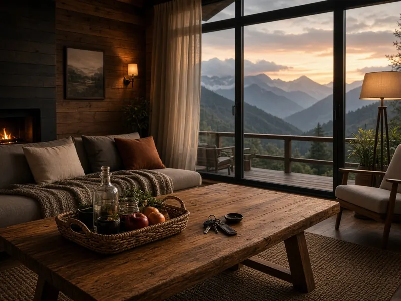 A cozy cabin living room with a mountain view at dusk.