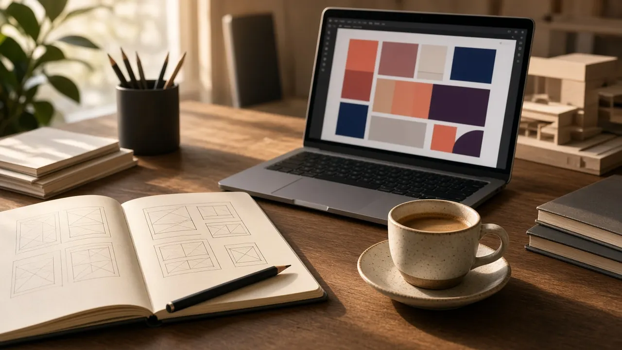 A desk with a sketchbook of wireframes, a laptop showing colorful layout blocks and a cup of coffee in morning light.