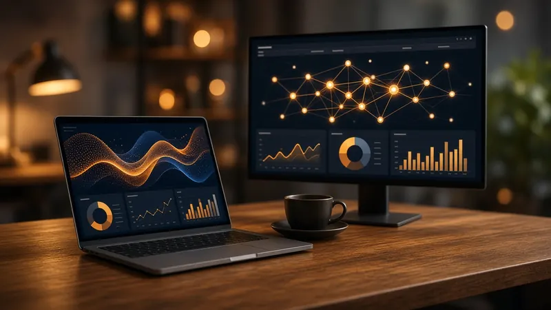 A laptop and monitor on a walnut desk showing glowing dashboards in warm evening light.