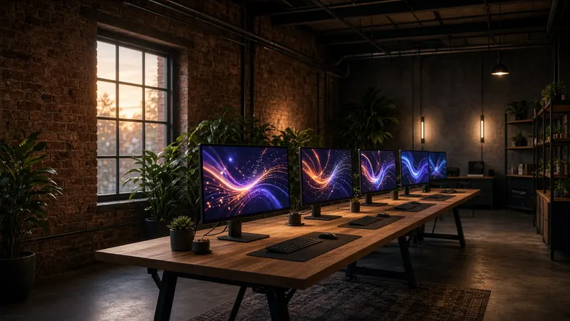 A venture studio loft with long shared desks and glowing monitors at dusk.