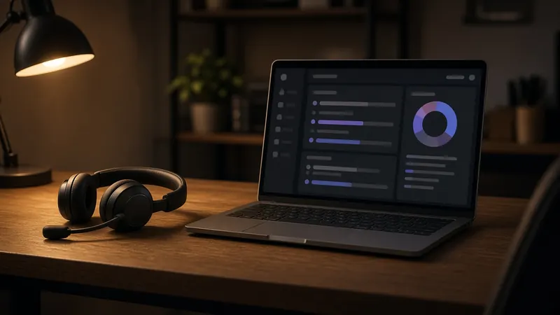 A headset beside a laptop showing a support queue, under a warm desk lamp.