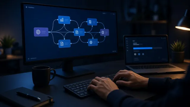 Hands at a keyboard wiring an automation workflow that connects site, sales, payments and operations, with a data migration running on a laptop.