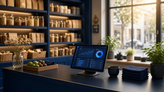 A new neighborhood shop on opening morning, with a tablet point-of-sale showing sales and inventory dashboards.