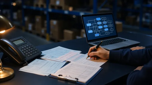 Paper invoices, an order book and a desk phone in a distribution office, beside a laptop mapping the current process.