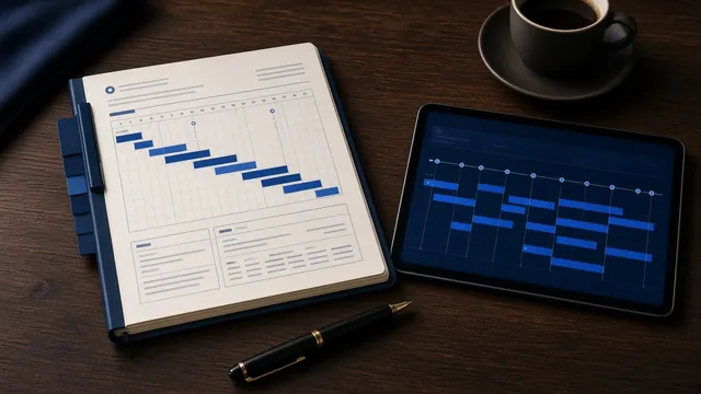 A written 100-day plan with a timeline chart on a walnut table, next to a tablet showing the same roadmap.