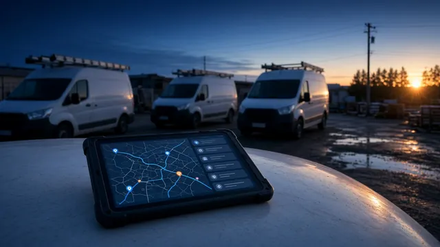Unbranded service vans in a trades company yard at sunrise, with a rugged tablet showing an AI dispatch map and job list.