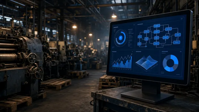 An older family-owned manufacturing floor with a modern touchscreen showing AI production dashboards and automation flows.